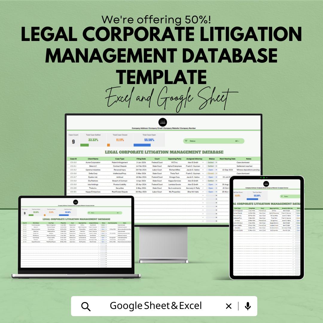 Legal Corporate Litigation Management Database Template, Case Tracking Spreadsheet, Law Firm Case Manager