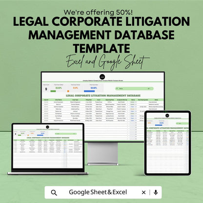 Legal Corporate Litigation Management Database Template, Case Tracking Spreadsheet, Law Firm Case Manager