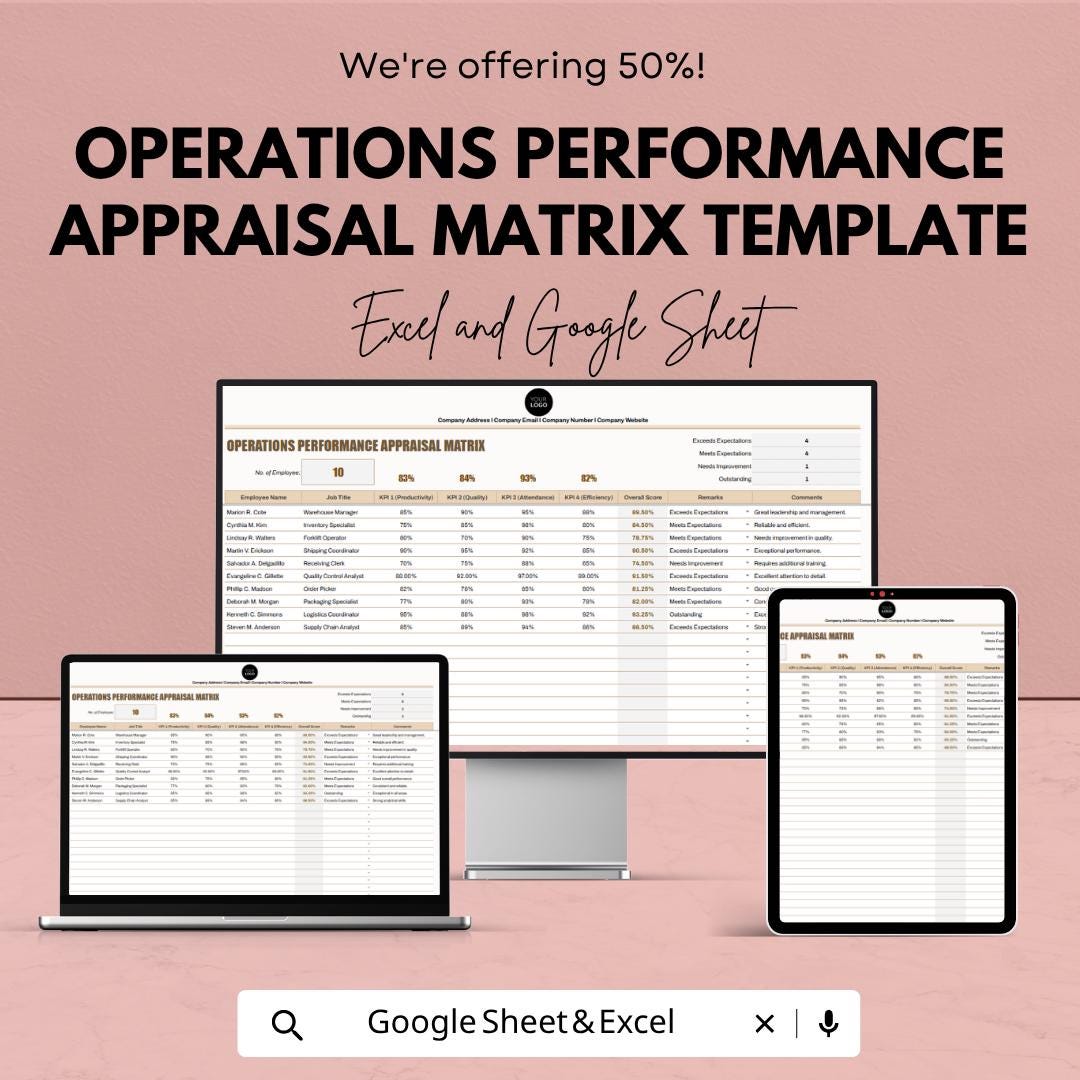 Operations Performance Appraisal Template | Employee Evaluation Matrix | KPI Performance Review Tracker | Excel & Google Sheets |