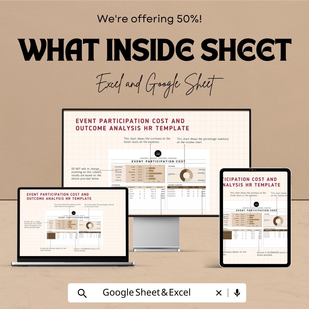 Event Participation Cost and Outcome Analysis HR Template | Excel and Google Sheets | Event Budget Tracker | Cost & Outcome Dashboard