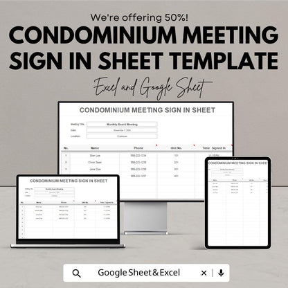 Condominium Meeting Sign In Sheet Template | GCondo Board Attendance Log | HOA Meeting Sign In Form