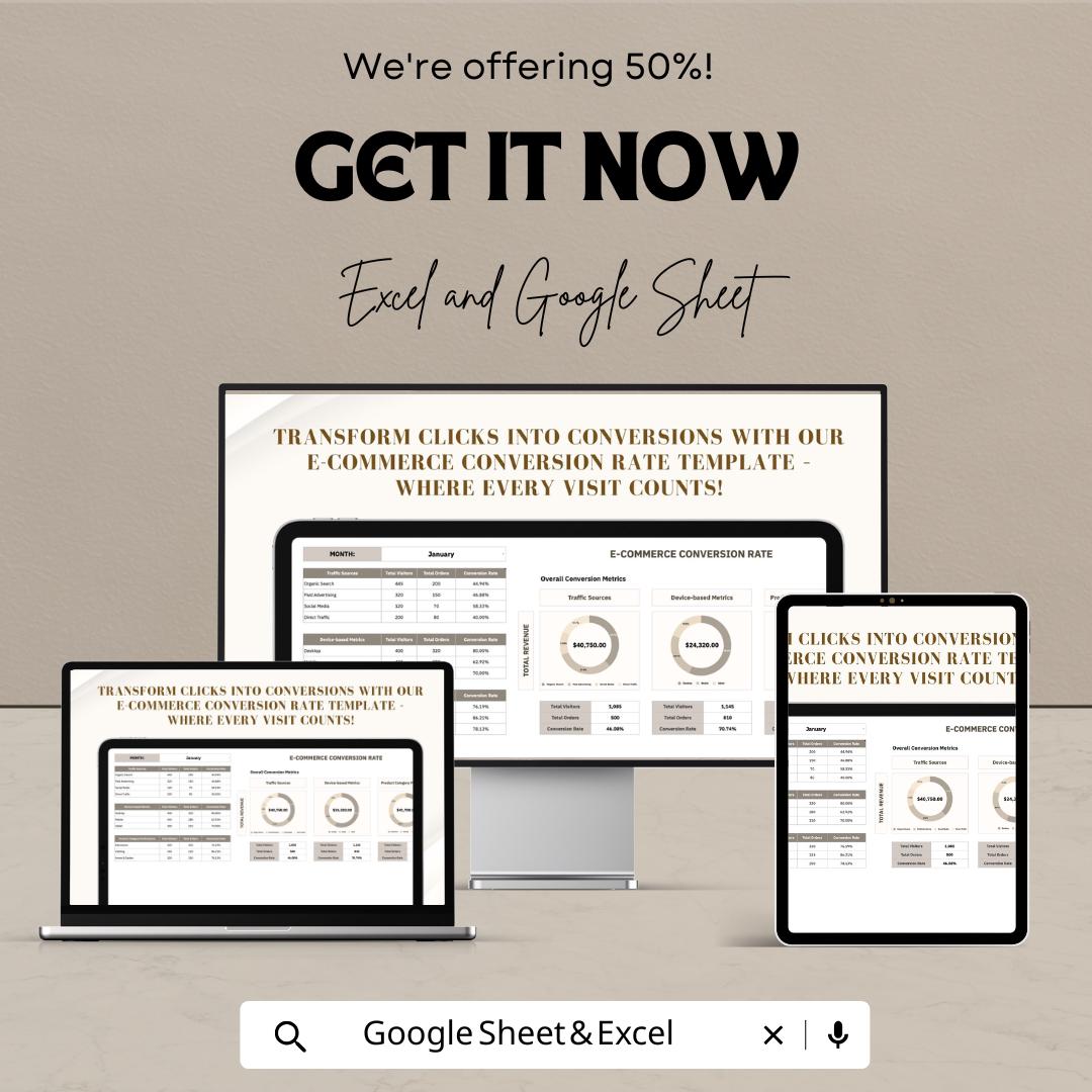 Ecommerce Conversion Rate Template, Google Sheets & Excel, Sales Funnel Tracker, Online Store Analytics, Conversion Dashboard