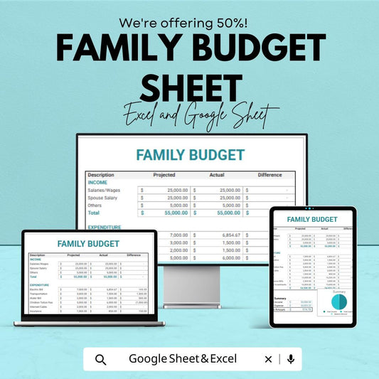 Family Budget Sheet | Excel and Google Sheet Template | Track Household Expenses & Financial Planning Tool