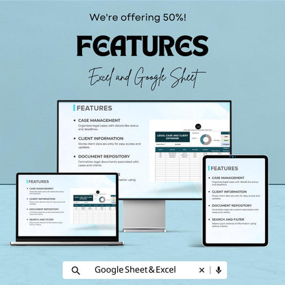Legal Case and Client Database Template, Law Firm Case Tracker, Attorney Client Management Spreadsheet, Legal Organizer, Excel Google Sheets