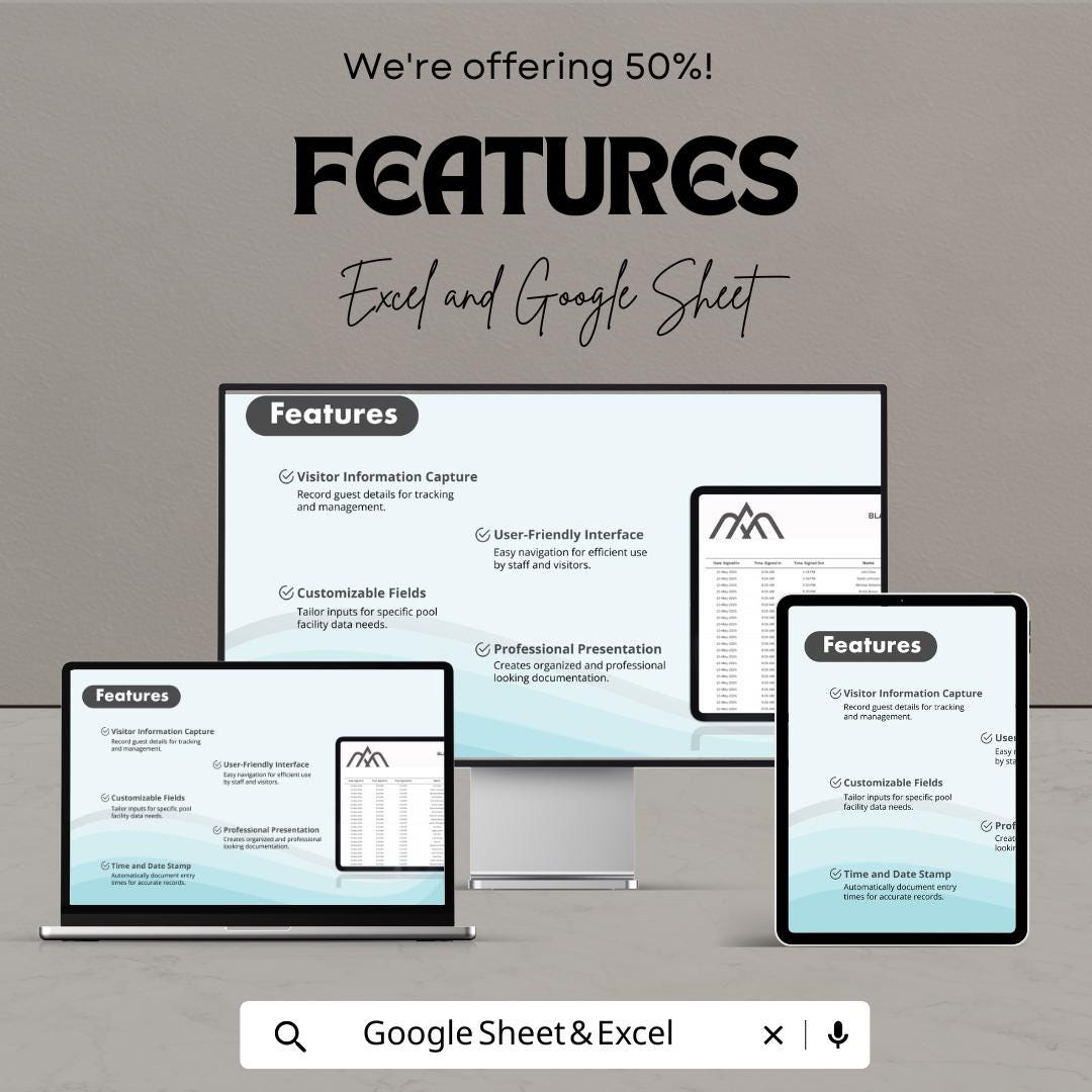 Pool Sign In Sheet | Excel and Google Sheet Template for Hotels and Resorts | Track Visitor Details, Time-in & Time-out | Easy to Customize