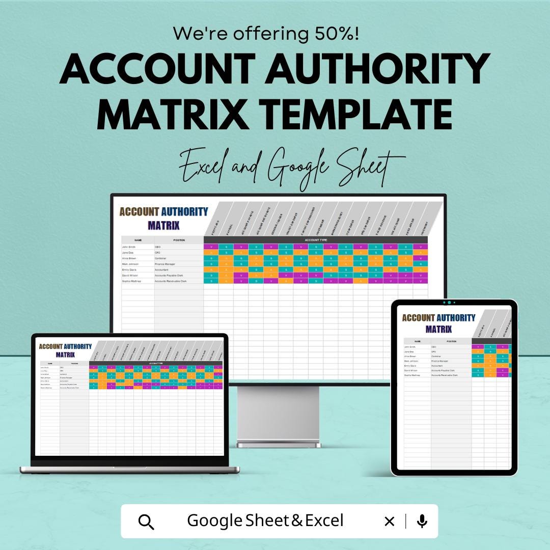 Account Authority Matrix Template | RACI Chart | Access Control Matrix | Responsibility Assignment Matrix | Excel & Google Sheets Template