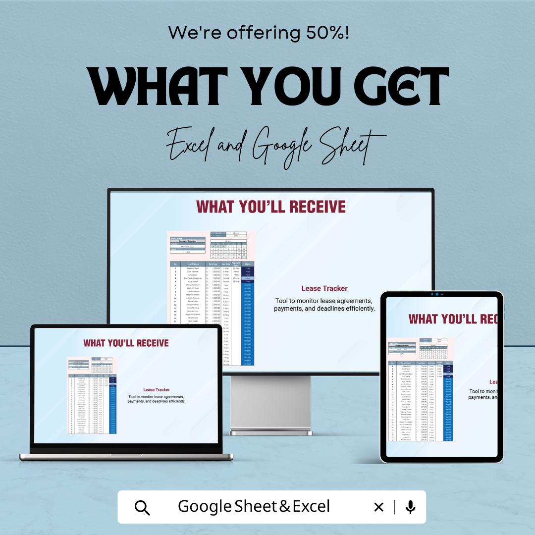 Lease Tracker Template Excel Google Sheets, Rental Payment Tracker Spreadsheet, Tenant Rent Tracker, Property Management Lease Log