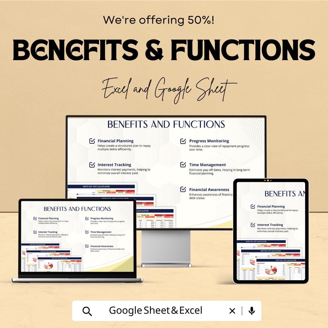 Debt Pay-Off Calculator Sheet – Excel & Google Sheets Template for Debt Management – 50% Off