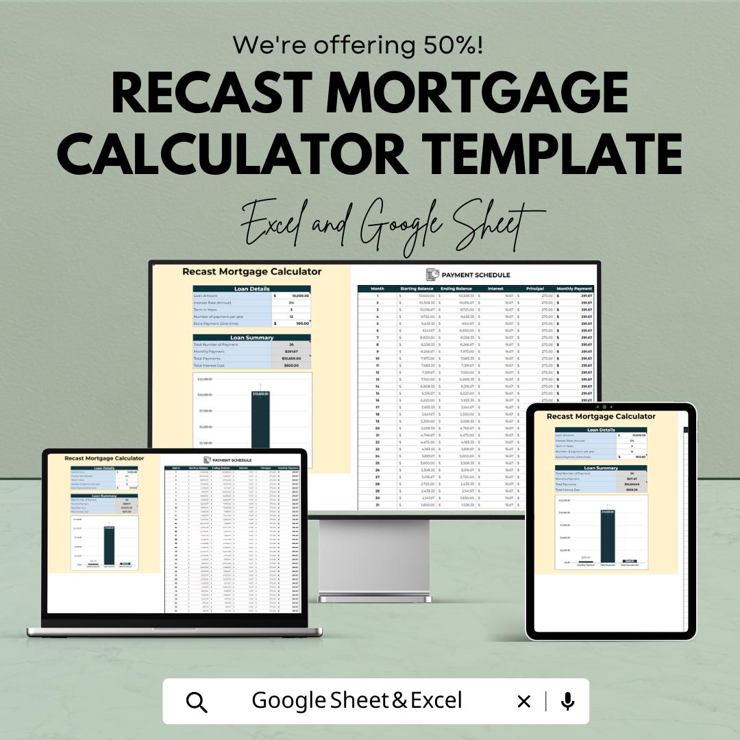 Recast Mortgage Calculator Template |  Loan Recast Calculator | Mortgage Payment Reduction Planner | Amortization Spreadsheet