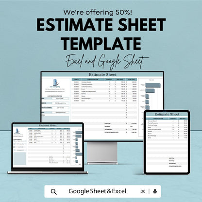 Estimate Sheet Template Excel | Cost Estimate Spreadsheet | Project Budget Planner | Contractor Estimate Template | Google Sheets Estimate
