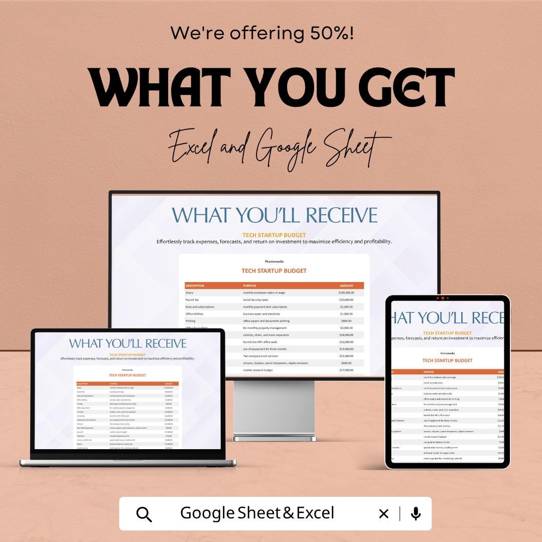Tech Startup Budget Template | Startup Budget Spreadsheet | SaaS Financial Planning Sheet | Excel & Google Sheets | Expense Tracker Template