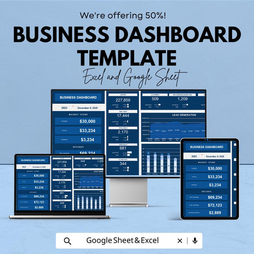 Business Dashboard Template | KPI Tracker Spreadsheet | Excel and Google Sheets Dashboard | Business Metrics Report Template