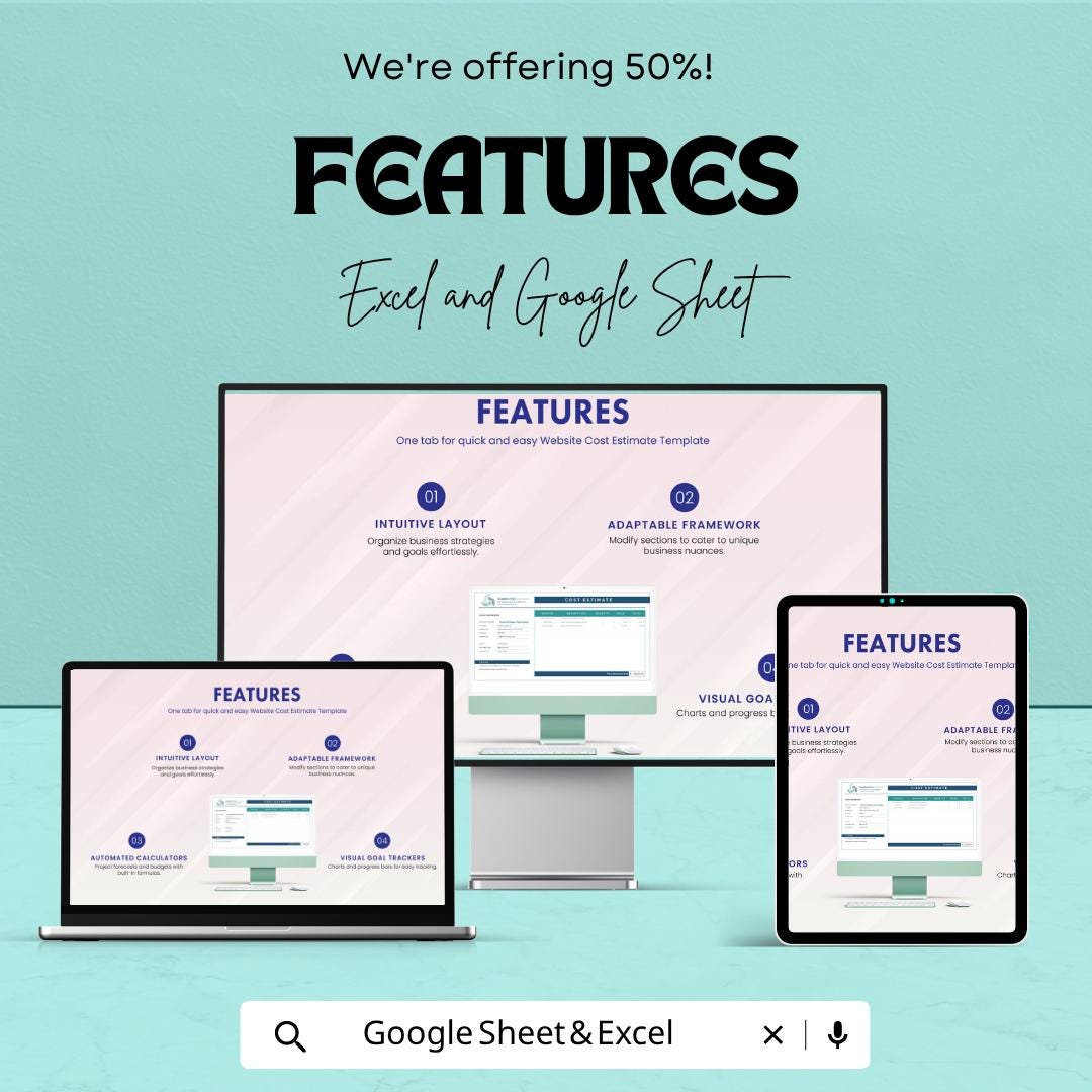 Website Cost Estimate Template | Excel Project Budget Spreadsheet | Google Sheets Website Quote Calculator | Web Design Proposal Template |