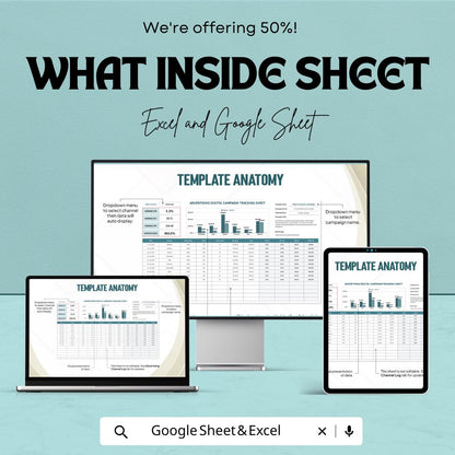 Advertising Campaign Tracking Sheet Template | Digital Ad Performance Tracker ROAS CTR CPC Analyzer | Marketing Campaign Dashboard