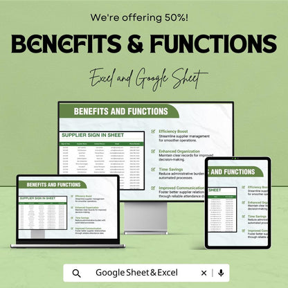 Supplier Sign In Sheet Template | Vendor Log Sheet | Excel and Google Sheets | Supplier Attendance Register | Business Tracking Template