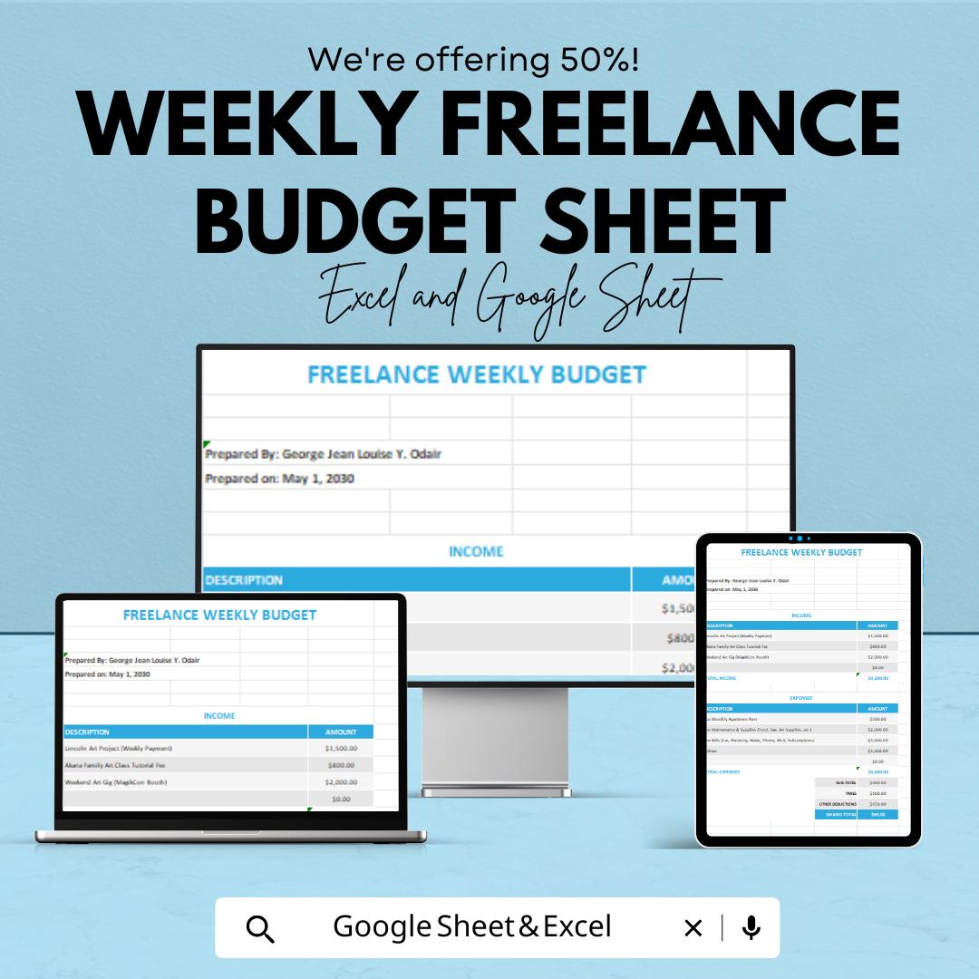 Weekly Freelance Budget Sheet | Income & Expense Tracker | Google Sheets and Excel | Freelancers Budget Planner | Editable Finance Template