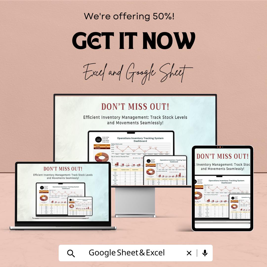 Operations Inventory Tracking System Template | Stock Management Dashboard | Inventory Control Tracker | Business Spreadsheet