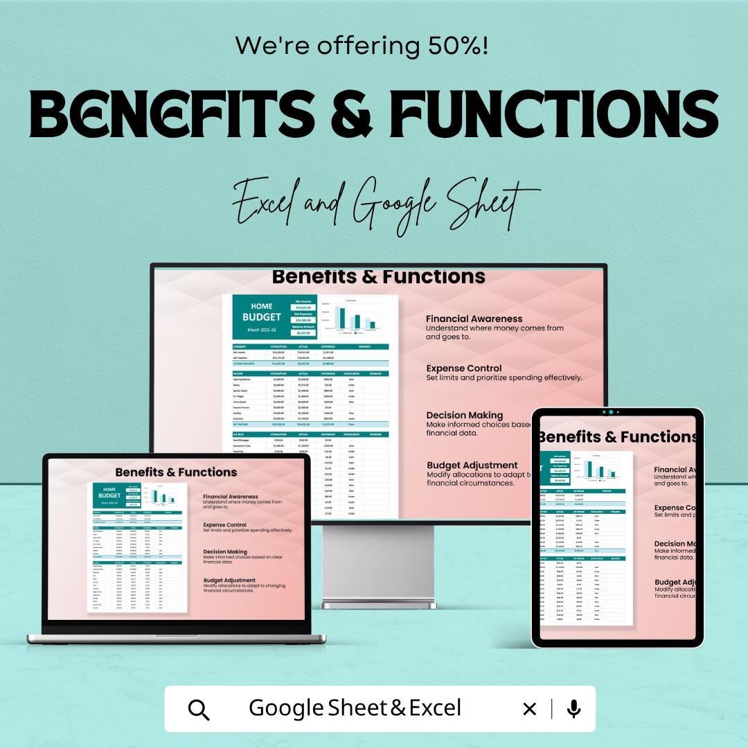 Home Budget Template Excel Google Sheets | Monthly Budget Planner Spreadsheet | Expense Tracker | Household Finance Planner |