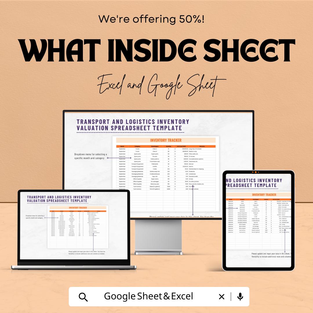 Transport and Logistics Inventory Valuation Spreadsheet Template | Excel and Google Sheets | Inventory Tracker & Valuation Dashboard