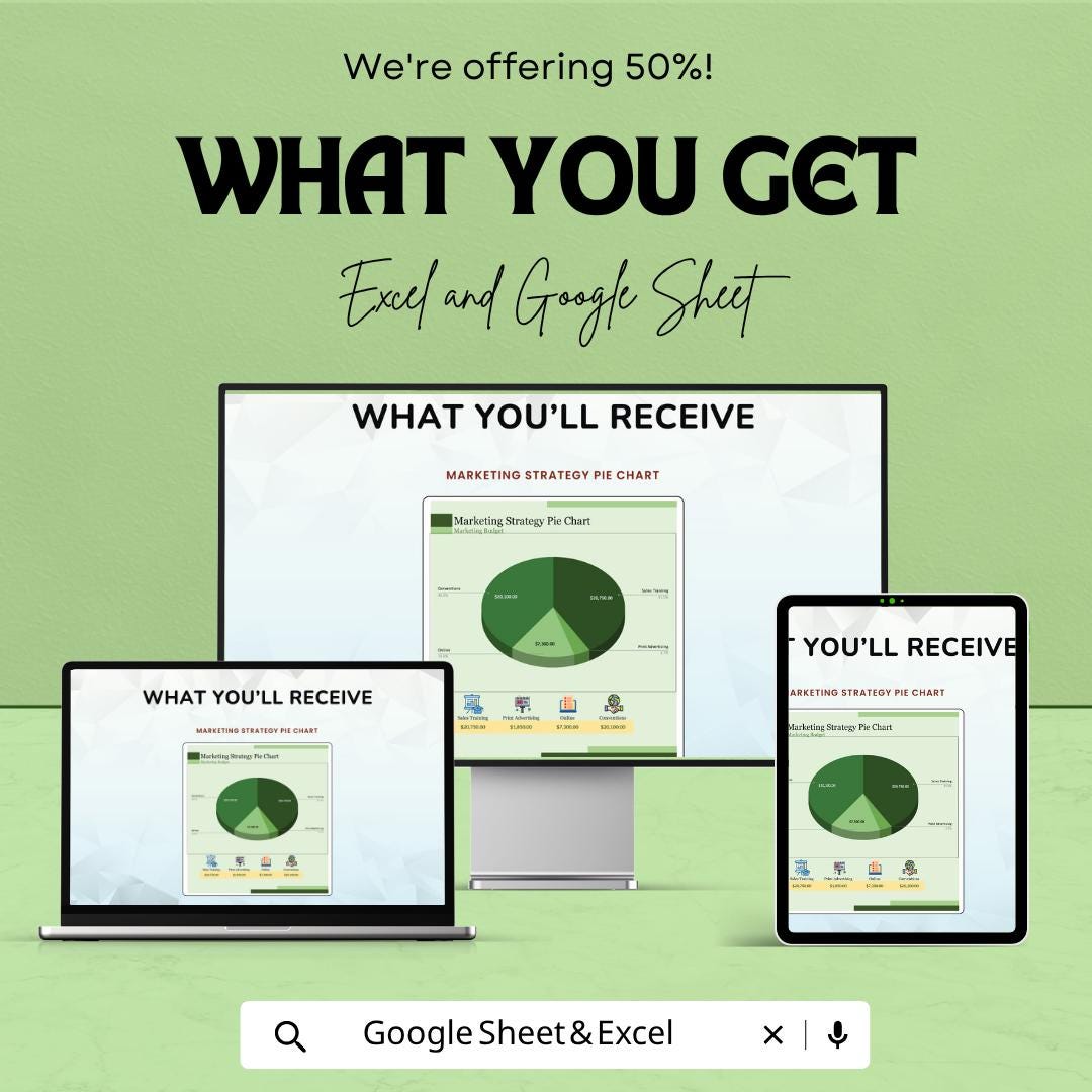Marketing Strategy Pie Chart Template | Marketing Analytics Spreadsheet | Business Strategy Dashboard | Excel & Google Sheets |