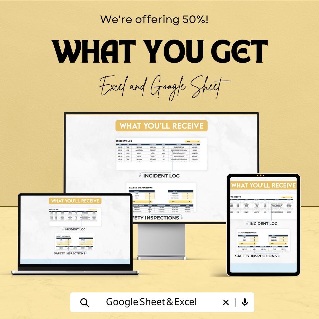 Workplace Safety Compliance Monitoring Dashboard Sheet | Google Sheet and Excel Template | Safety Tracking & Incident Management Tool