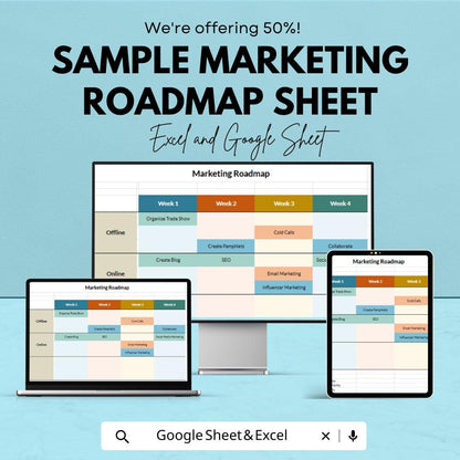 Sample Marketing Roadmap Sheet | Excel and Google Sheets Template | Weekly Marketing Plan | Task Management & Strategy