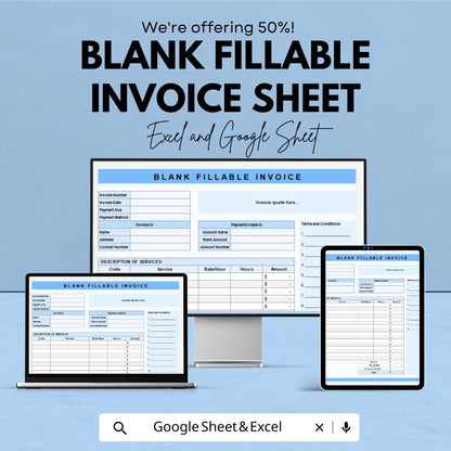Blank Fillable Invoice Template - Customizable Excel & Google Sheets - Professional, Easy-to-Use