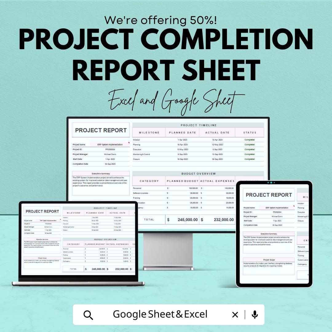 Project Completion Report Sheet | Excel & Google Sheets Template | Track Project Milestones, Budget, and Completion Status |