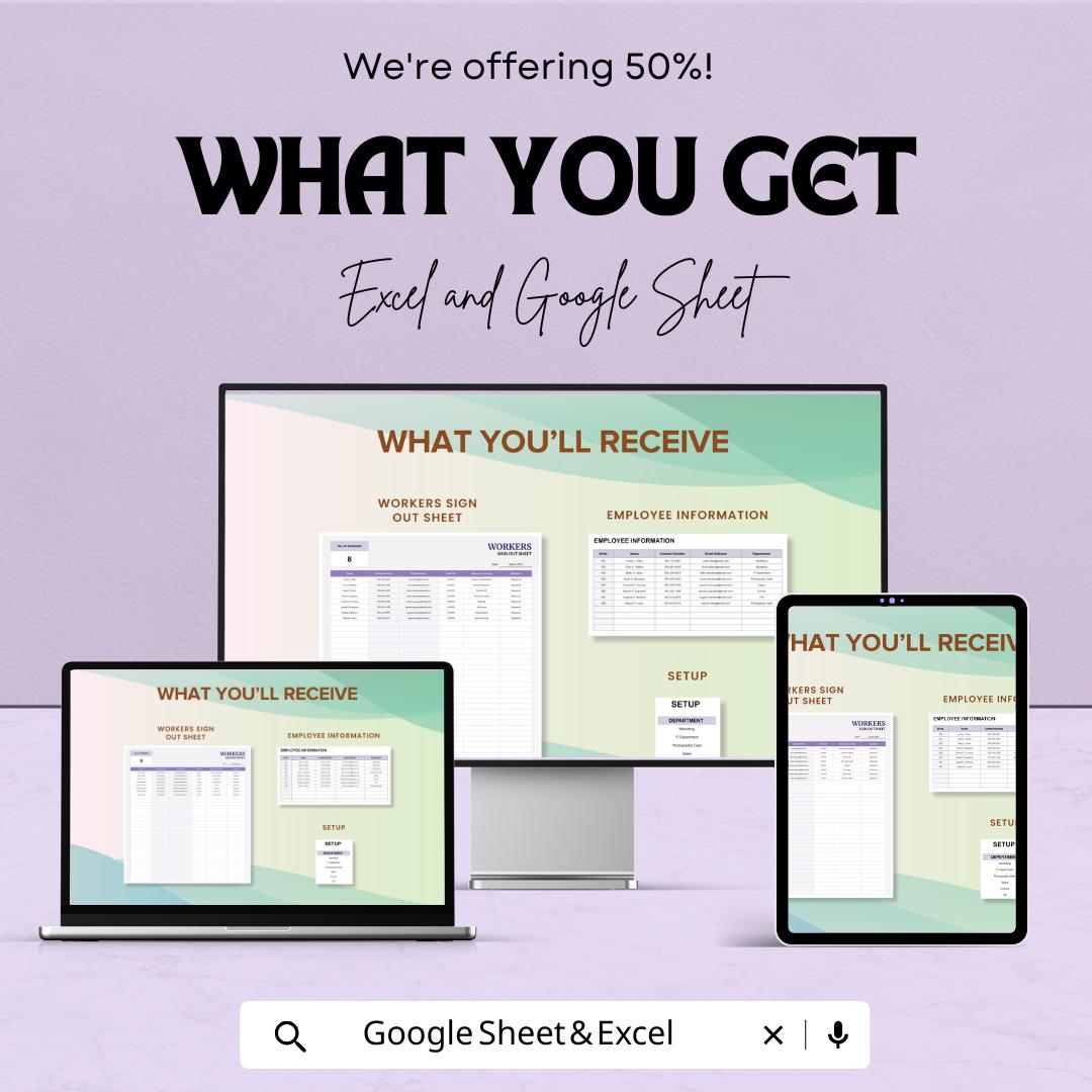 Workers Sign Out Sheet - Excel & Google Sheets Template | 50% Off | Employee Sign-In/Sign-Out Tracker