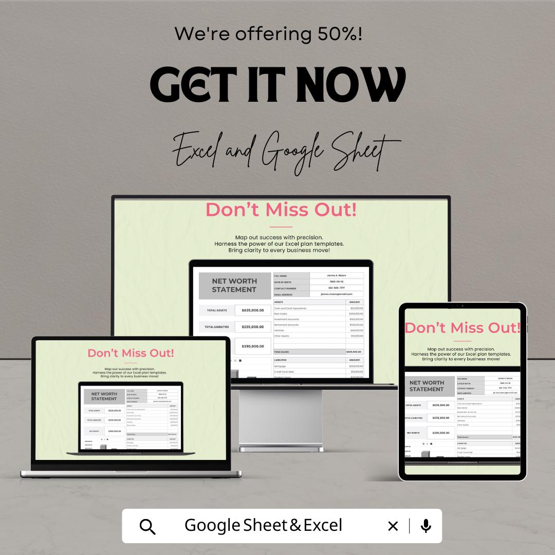 Net Worth Statement Template | Excel and Google Sheets | Personal Finance Tracker, Asset & Liability Calculator, Budget Planner