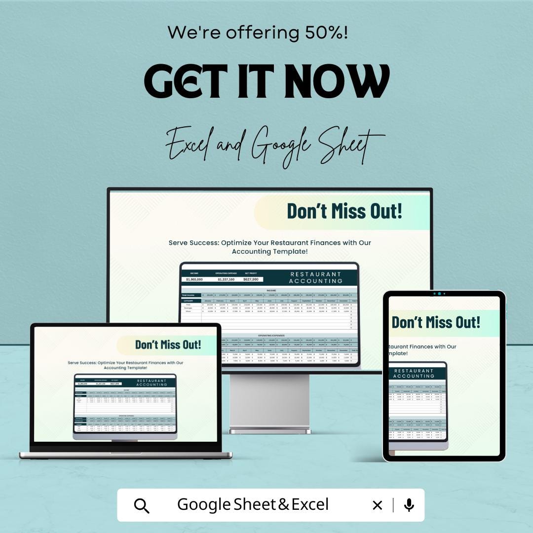 Restaurant Accounting Template | Restaurant Finance Tracker | Income Expense Template | Restaurant Profit and Loss Sheet