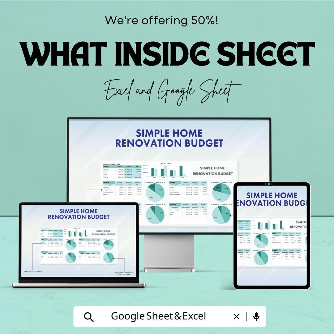 Simple Home Renovation Budget Sheet | Excel & Google Sheets | Editable Budget Tracker | House Remodel Planner