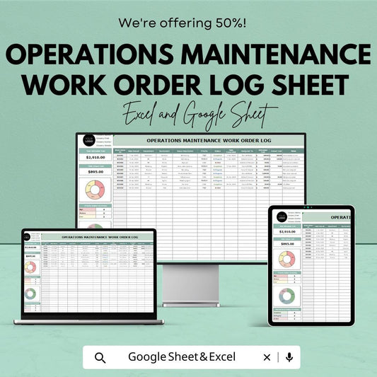 Maintenance Work Order Log | Excel & Google Sheets | Operations Tracker | Task Completion Sheet | Work Order Dashboard Template