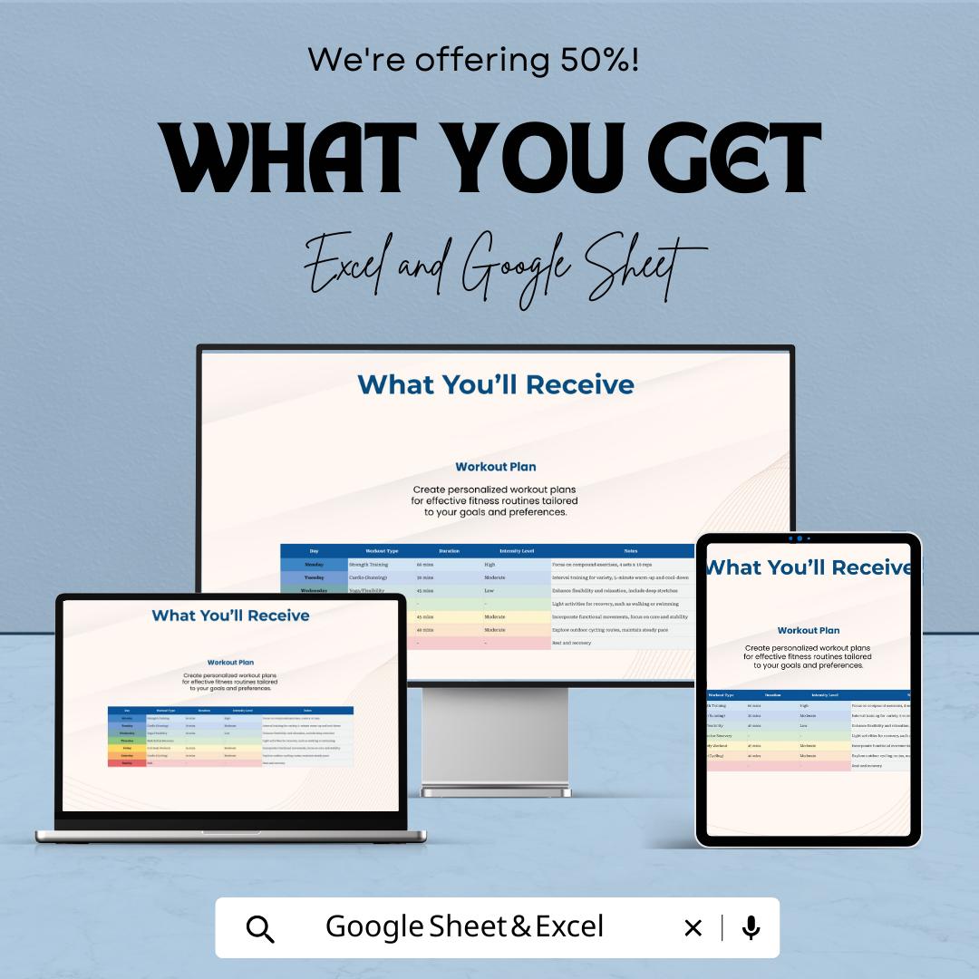 Workout Planner Spreadsheet | Weekly Workout Template | Fitness Tracker Template | Excel and Google Sheets Workout Planner | Gym Workout Log