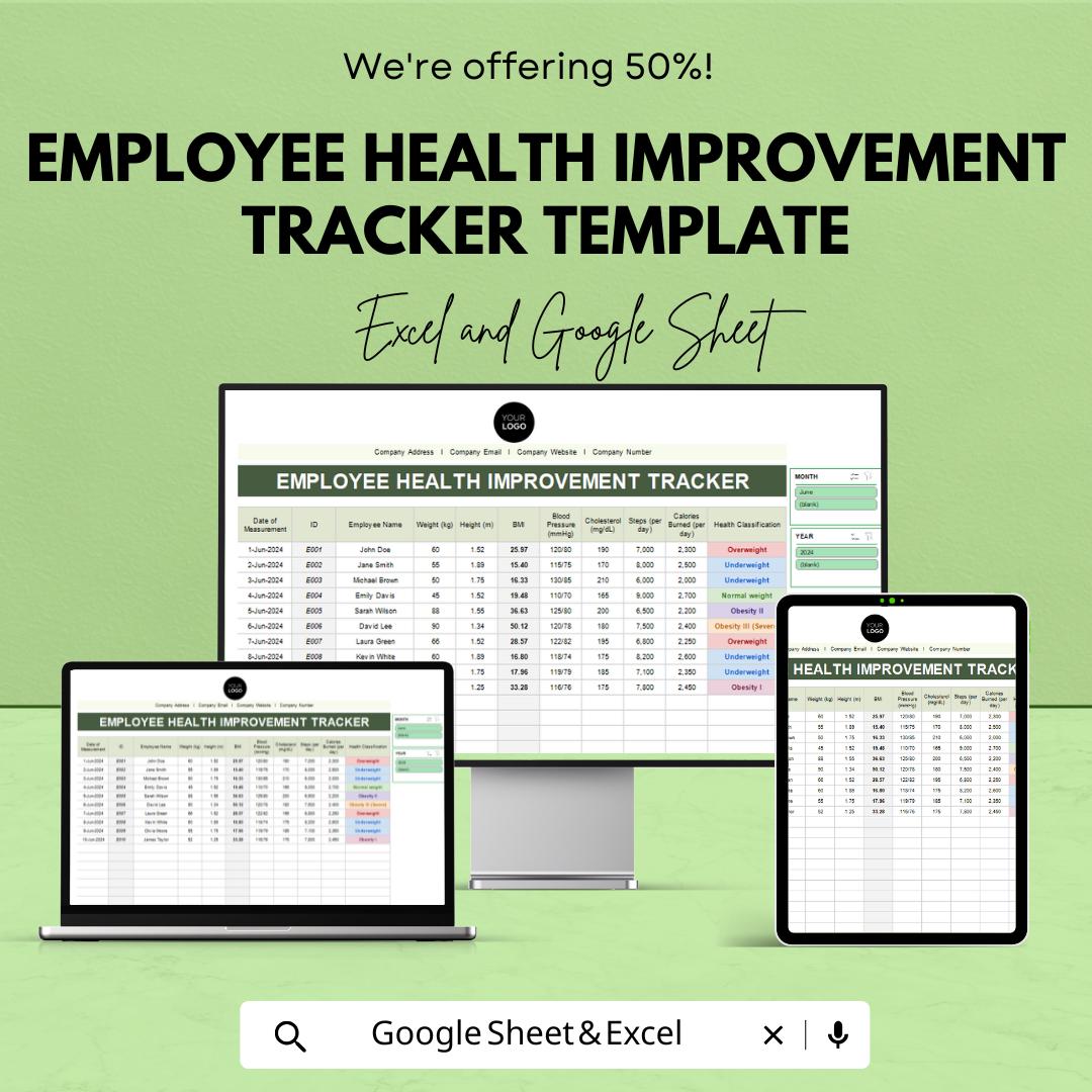 Employee Health Improvement Tracker Template | Employee Wellness Tracker Excel & Google Sheets | Workplace Health Monitoring Spreadsheet