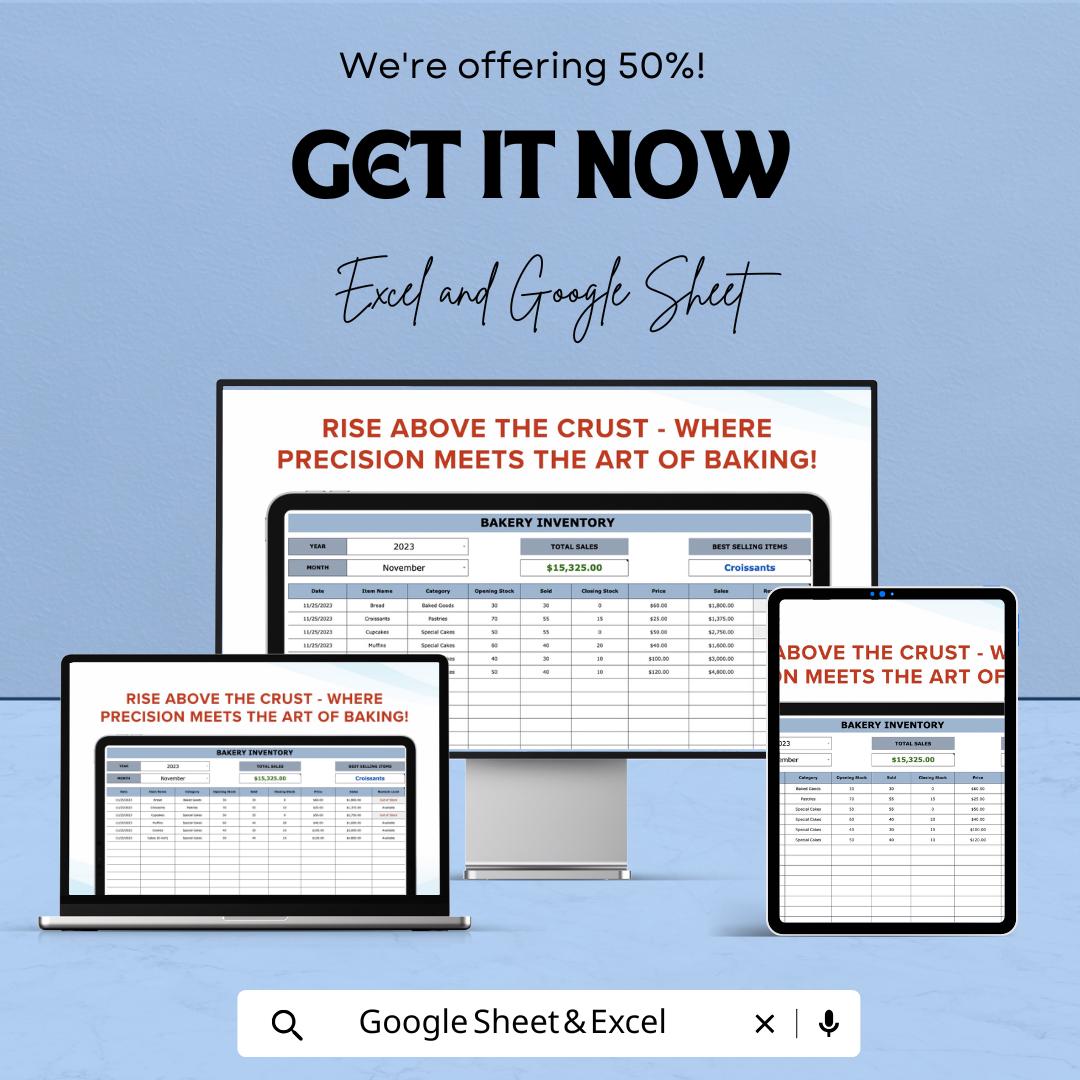 Bakery Inventory Sheet | Excel and Google Sheets | Track Sales, Stock & Best-Selling Items | Bakery Management Template
