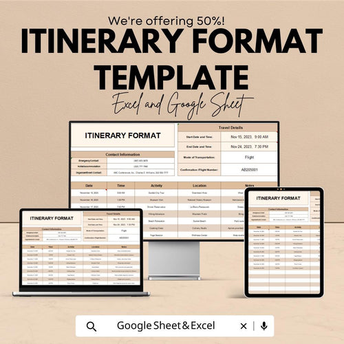 Itinerary Format Template | Travel Schedule Planner | Trip Itinerary Spreadsheet | Event Travel Plan Organizer | Excel & Google Sheets