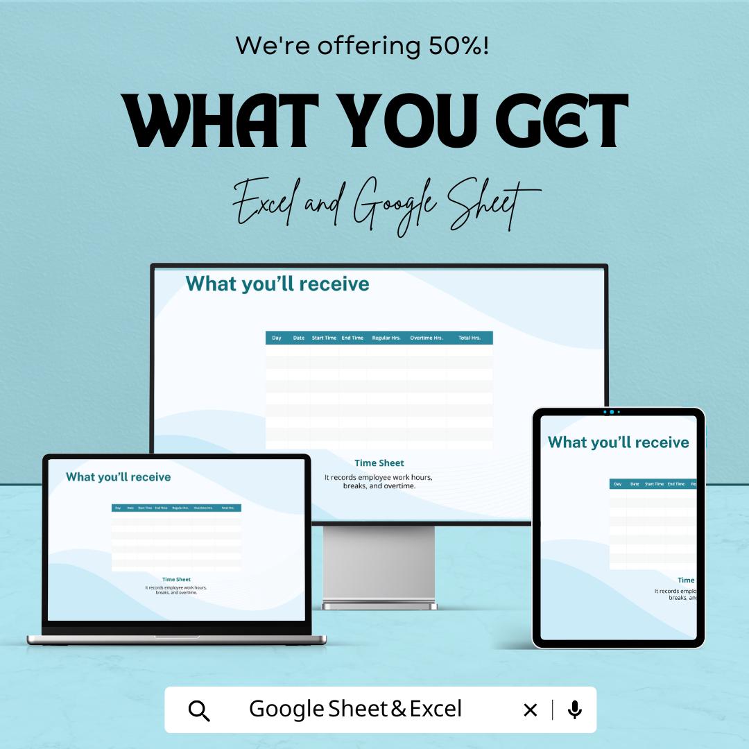 Weekly Timesheet Template | Employee Timesheet | Work Hours Tracker | Timesheet Excel & Google Sheets | Weekly Work Log | Payroll Timesheet