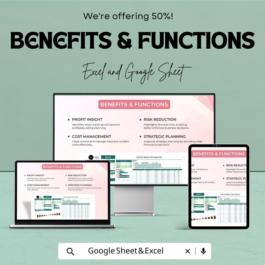 Startup Break Even Analysis Template | Excel & Google Sheets | Break Even Calculator | Business Financial Planning Spreadsheet