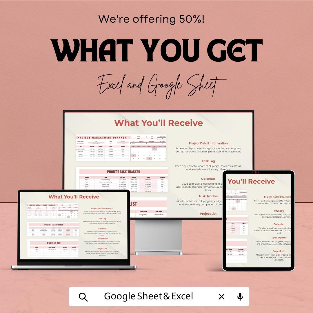 Project Management Planner Template | Project Tracker Spreadsheet | Task Management Dashboard | Excel & Google Sheets | Project Planning