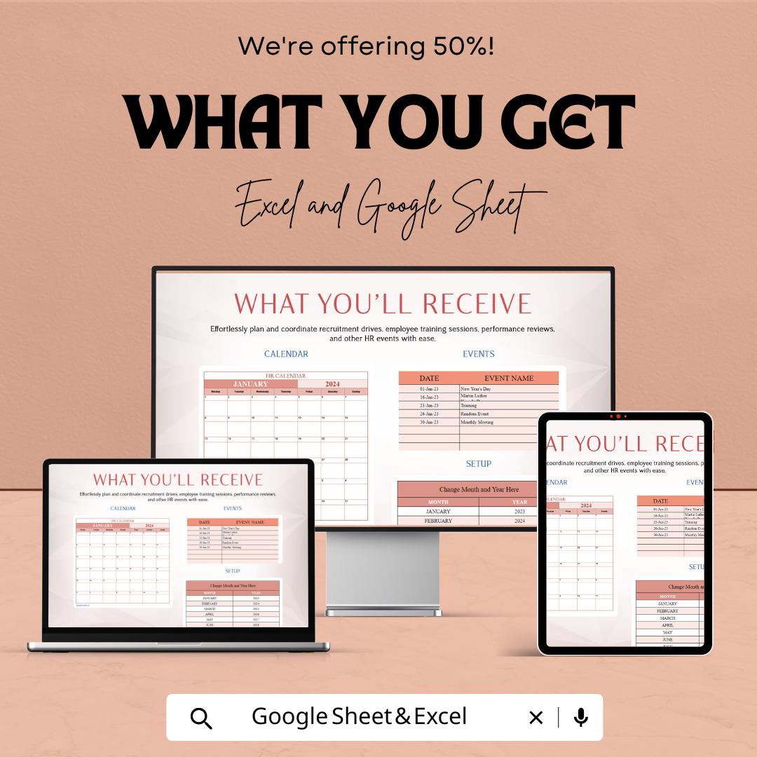 Sample HR Calendar Sheet | Excel and Google Sheet | HR Monthly Planner Template | Employee Schedule Organizer | HR Event Tracker