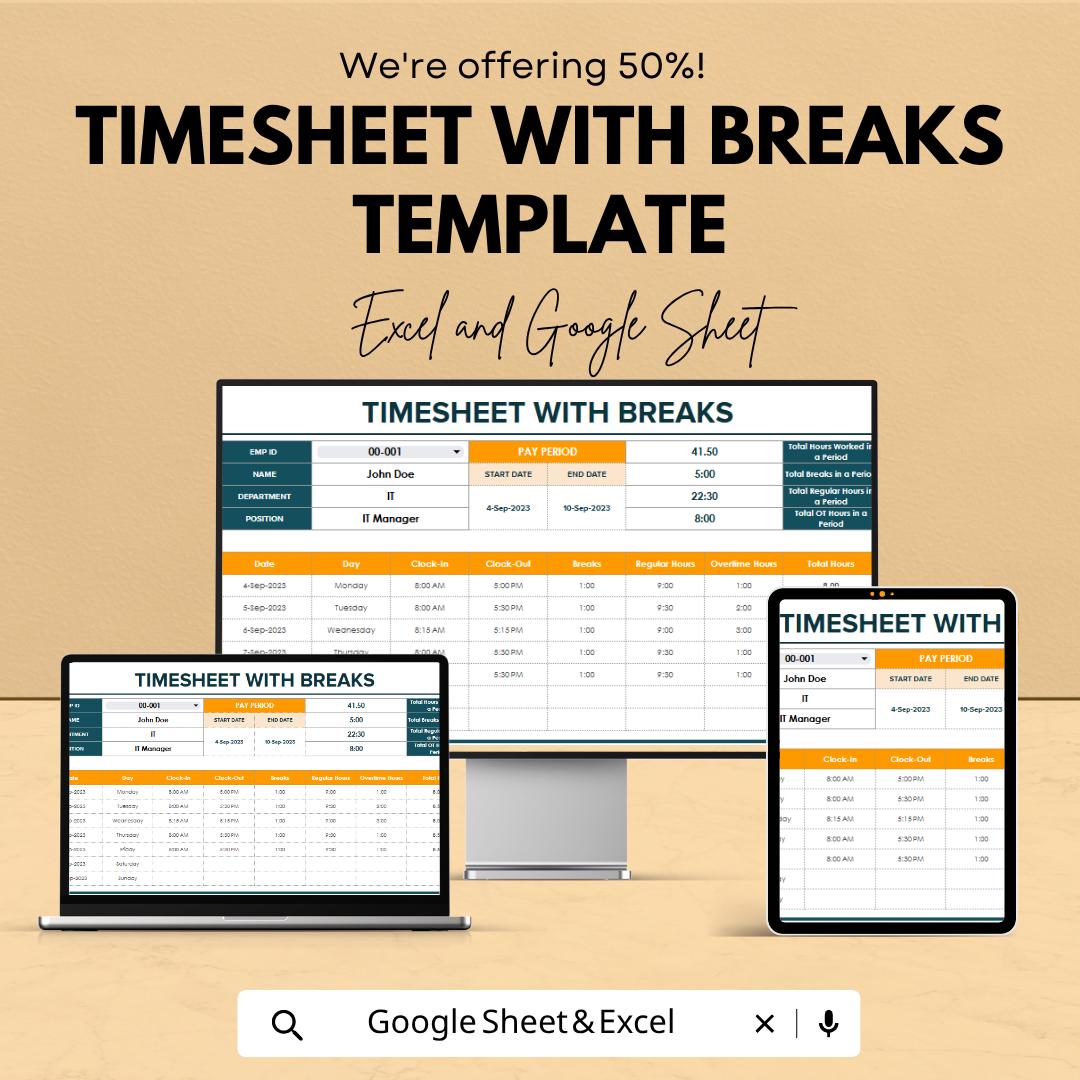 Timesheet with Breaks Template | Employee Timesheet Spreadsheet | Work Hours & Break Tracker | Payroll Time Log Sheet