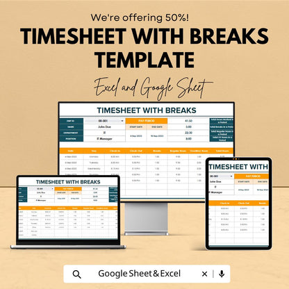 Timesheet with Breaks Template | Employee Timesheet Spreadsheet | Work Hours & Break Tracker | Payroll Time Log Sheet