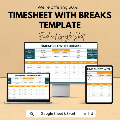 Timesheet with Breaks Template | Employee Timesheet Spreadsheet | Work Hours & Break Tracker | Payroll Time Log Sheet