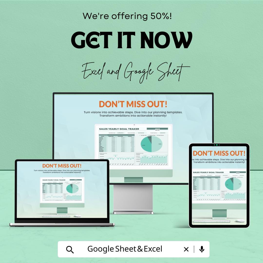Sales Yearly Goal Tracker Template | Excel and Google Sheets | Annual Sales Dashboard | Business Revenue Goal Planner | Income Tracker