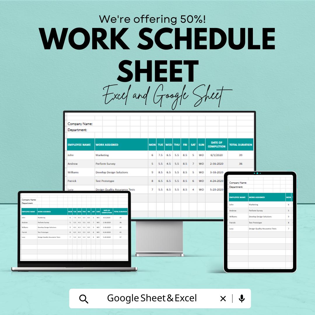 Work Schedule Sheet Template for Excel and Google Sheets | Employee Shift Planner & Work Allocation Tracker | Boost Workforce Efficiency |