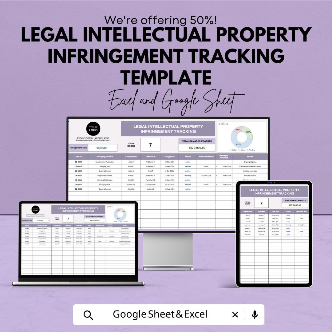 Legal Intellectual Property Infringement Tracking Template, IP Case Tracker, Trademark & Copyright Log