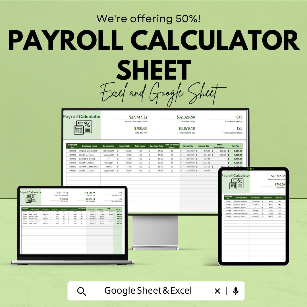 Payroll Calculator Sheet | Google Sheets & Excel Template | Automated Payroll Calculation | Employee Pay Tracker | Payroll Budgeting Tool