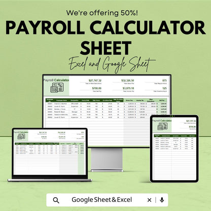 Payroll Calculator Sheet | Google Sheets & Excel Template | Automated Payroll Calculation | Employee Pay Tracker | Payroll Budgeting Tool