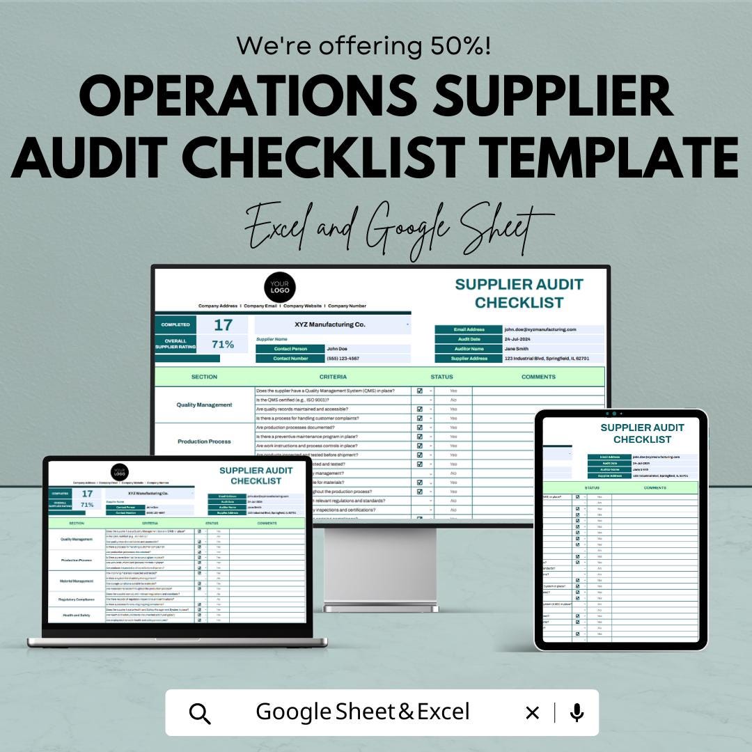Operations Supplier Audit Checklist Template | Vendor Compliance Audit Tool | Excel & Google Sheets
